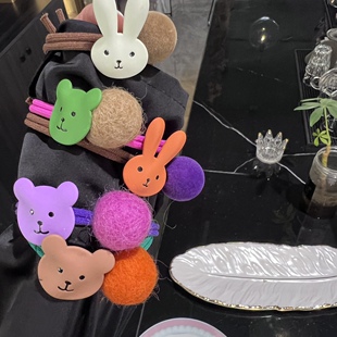 韩国秋冬新款 发饰宝宝小学生发绳小熊毛毡球双绳发圈可爱百搭皮套