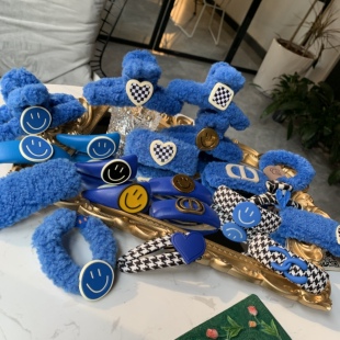 克莱因蓝色系列笑脸bb夹发圈抓夹时尚 发饰鲨鱼夹网红羊羔毛发卡女