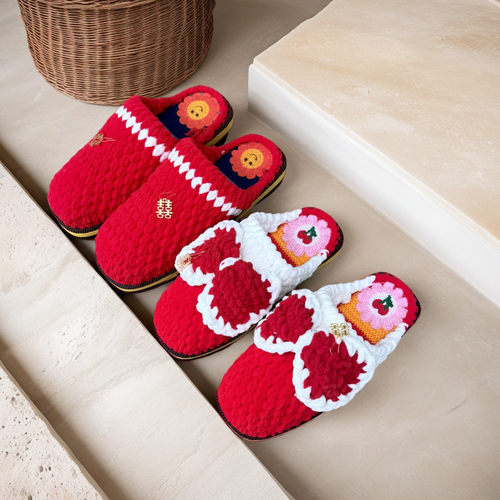 （两双装）婚嫁手工拖鞋成品蝴蝶结花朵款大红色现货橡胶底冰条线