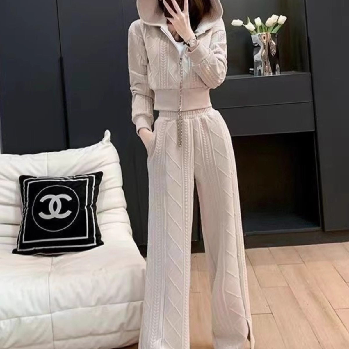 休闲运动时尚套装女早秋新款宽松阔腿裤拉链短款连帽卫衣两件套装