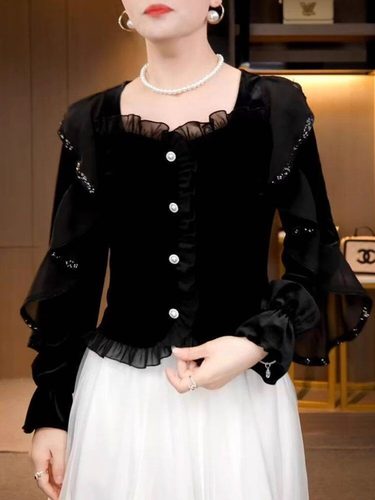 衬衫短款木耳边春秋季网纱上衣