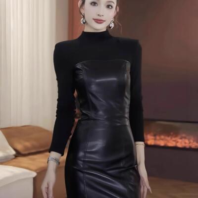 御姐轻熟风拼接皮裙连衣裙女