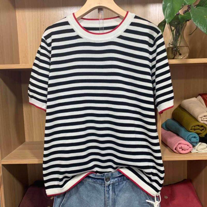 女装纯棉线显瘦条纹文艺低圆领大码宽松百搭减龄不起球薄款短袖,女装/女士精品,毛针织衫,淘宝优惠券,粉丝福利购,淘宝优惠卷