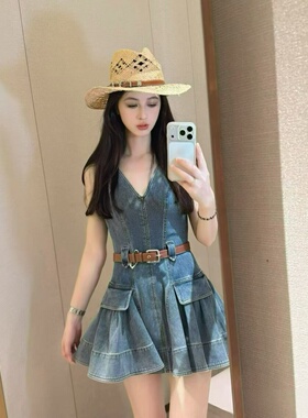 JR 专柜正品 2026夏季新款 通勤复古V领牛仔显瘦连衣裙女XSJ3L02D
