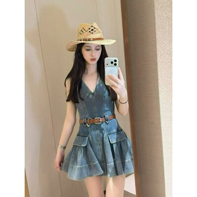 JR 专柜正品 2026夏季新款 通勤复古V领牛仔显瘦连衣裙女XSJ3L02D