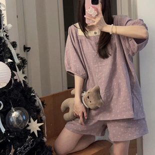 韩国ins薰衣草紫睡衣女夏季 舒适纯棉纱布短袖 短裤 碎花家居服套装