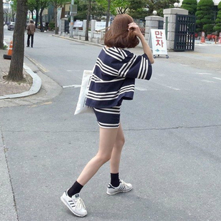 ulzzang夏季新款韩版简约条纹宽松五分袖T恤+短裙半身裙套装女潮