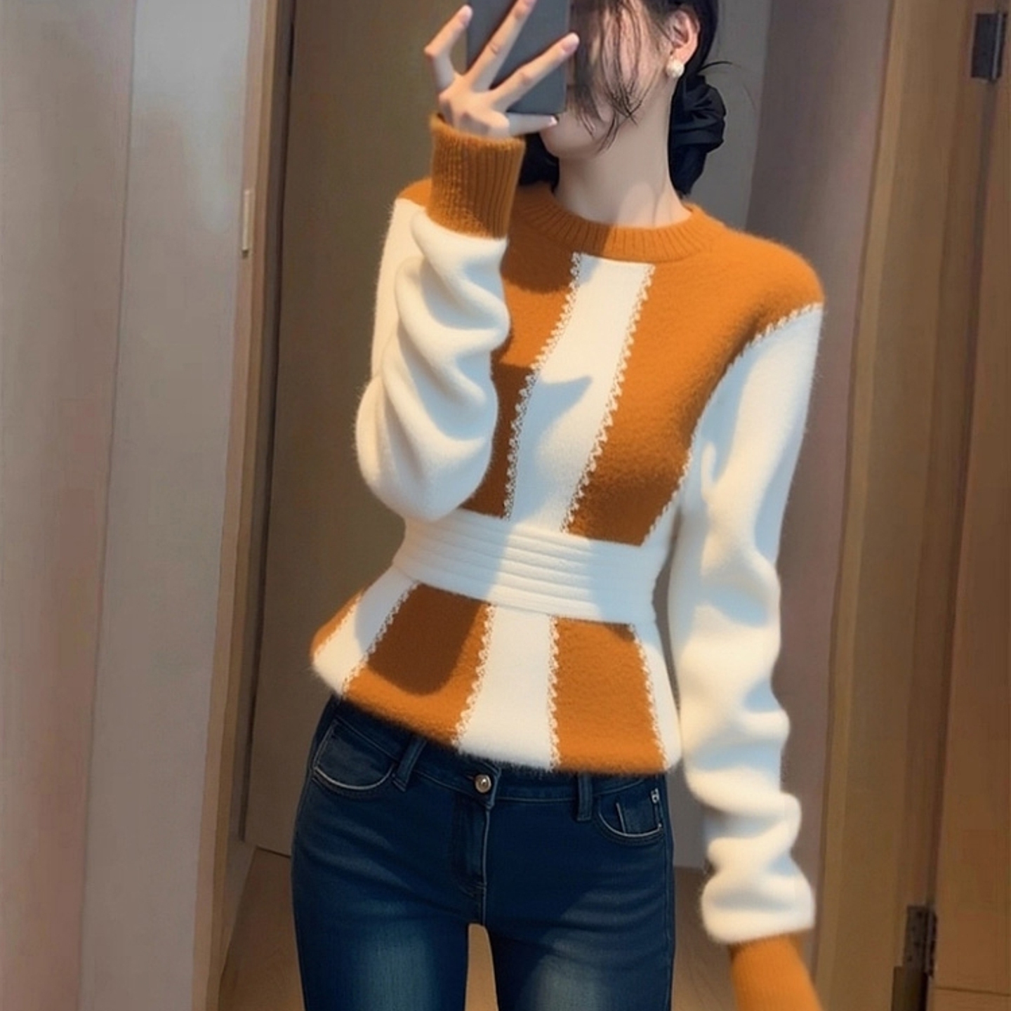 外贸撤回拼色针织衫气质名媛高端小众不撞款独特漂亮收腰毛衣上衣