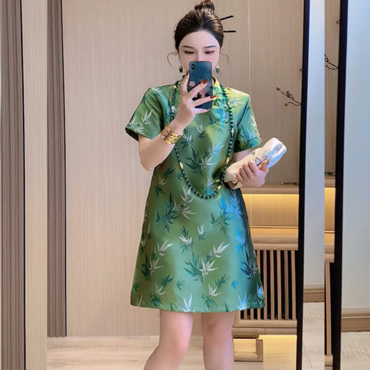 专柜撤回绿色改良旗袍连衣裙女夏季新款小个子高端精致气质裙子