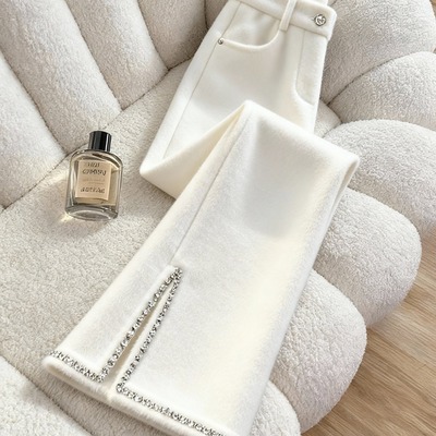 外贸撤回爆款超火高级感超好看梨形身材遮胯白色开叉阔腿裤子女冬