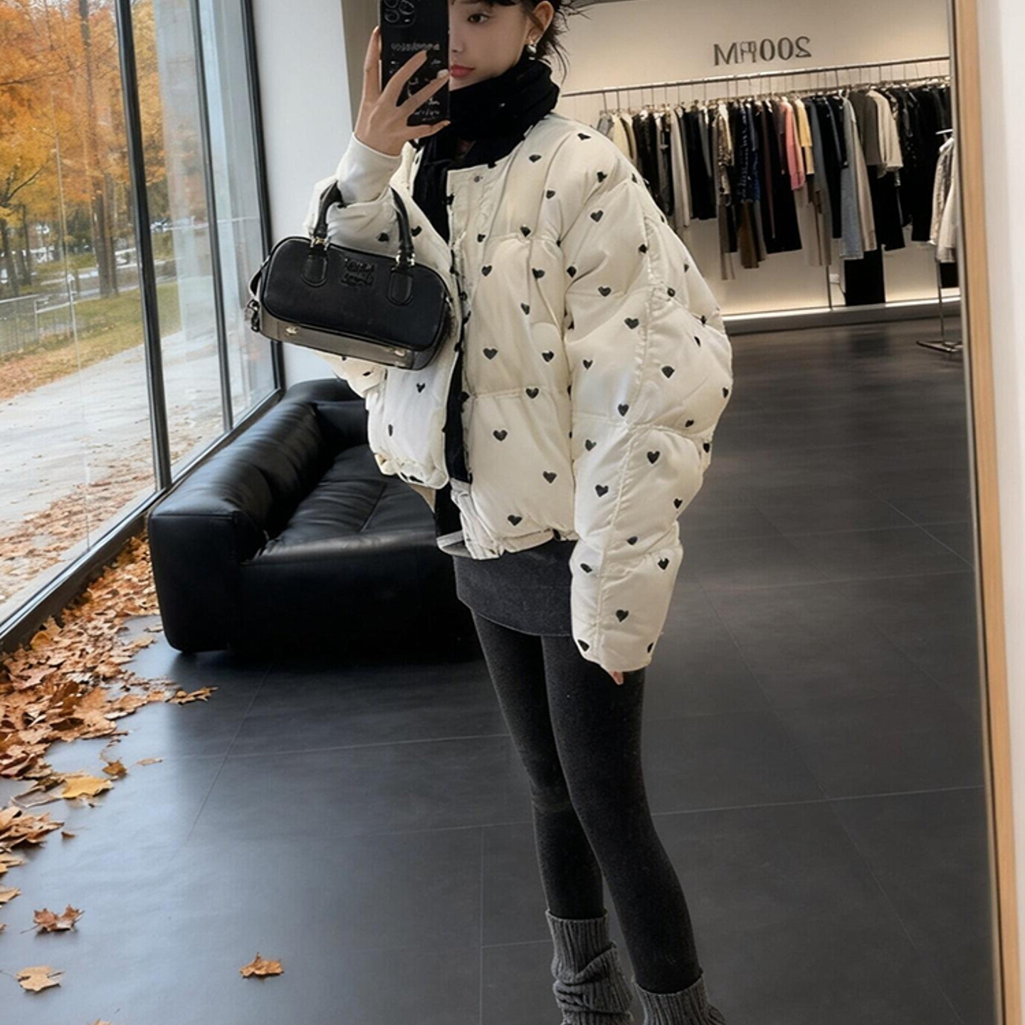外贸撤回新款韩式复古高级感时尚百搭通勤白色爱心印花棉服外套女
