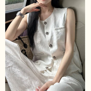 专柜撤回高级感亚麻套装女夏季2025新款白色香风马甲阔腿裤两件套