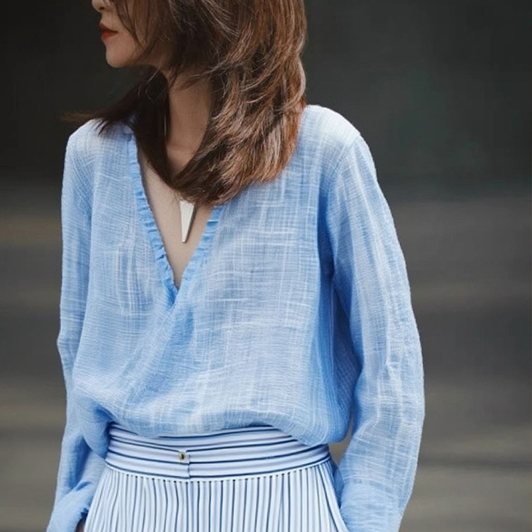 外贸撤回新款时尚高级感休闲薄款V领长袖衬衫洋气百搭显瘦上衣