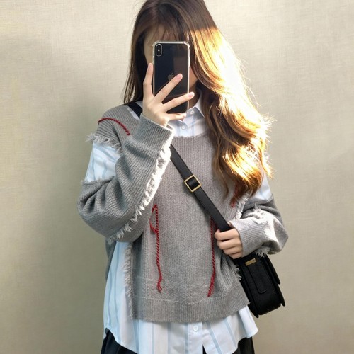 外贸撤回女装灰色针织拼接假两件衬衫韩系慵懒高级感女小香风上衣