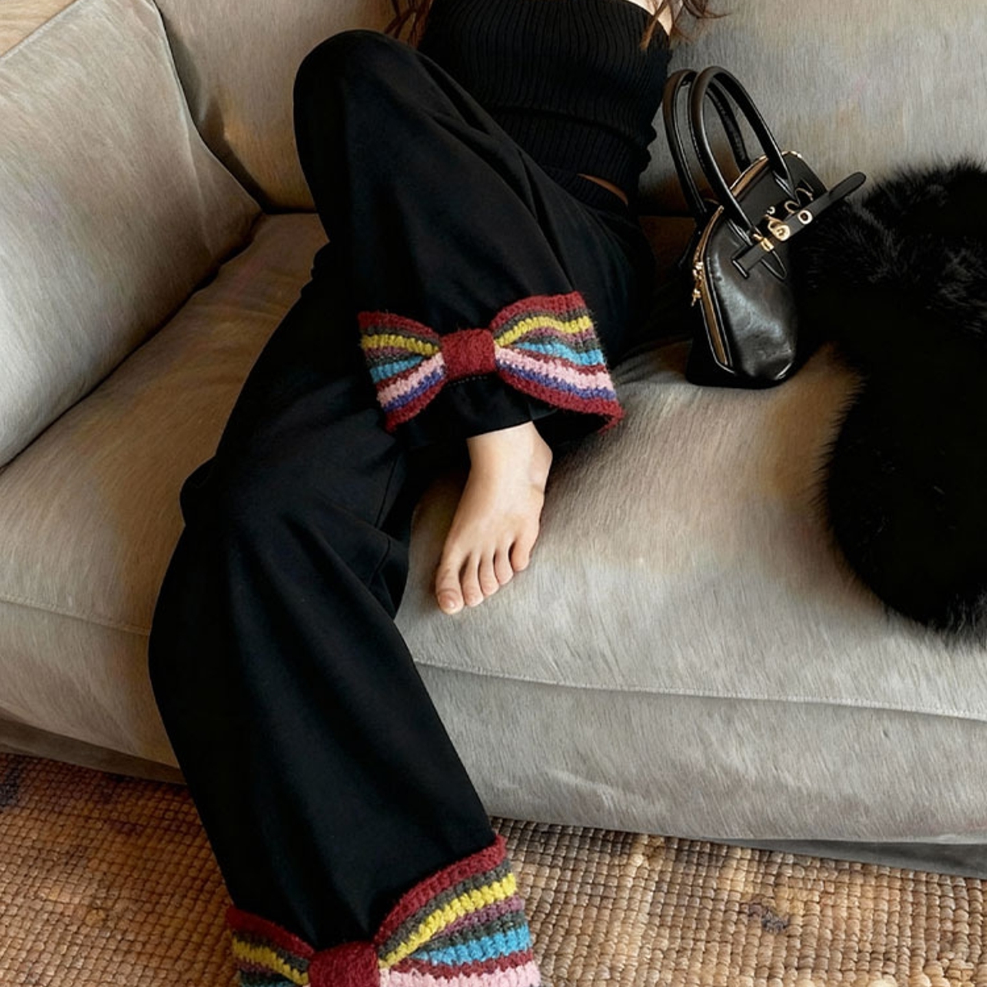 外贸撤回民族风黑色阔腿裤女秋冬加厚直筒设计感冷淡系独特别裤子