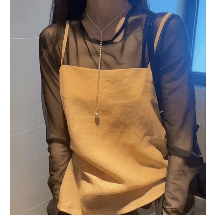 专柜撤回洋气上衣设计感小众轻奢高级感减龄咖色吊带网纱套装女夏