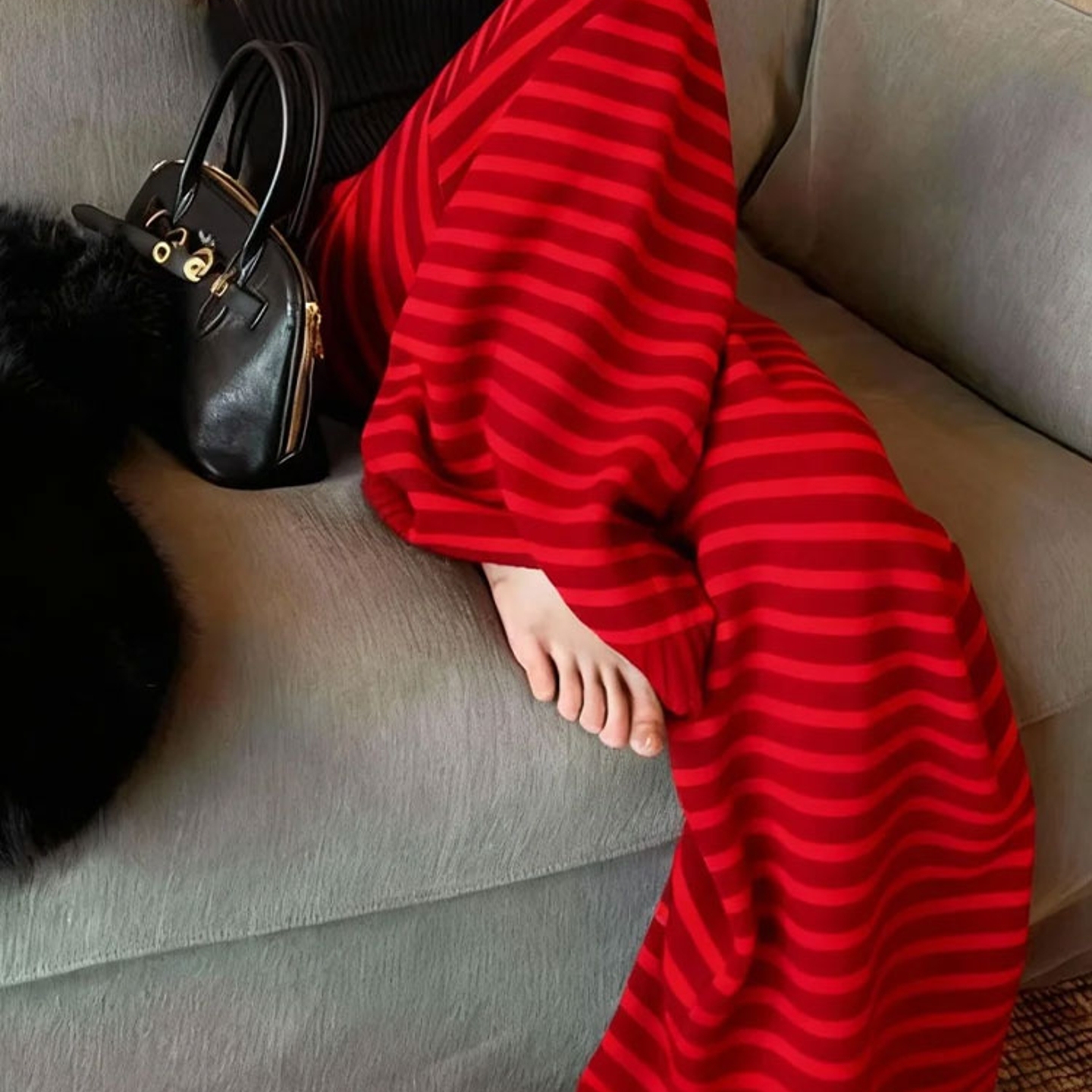 外贸撤回红色条纹针织阔腿裤女冬加厚保暖设计感小个子超好看裤子