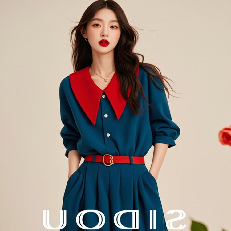 专柜撤回深蓝色翻领七分袖收腰连衣裙女装新款正式场合气质长裙子