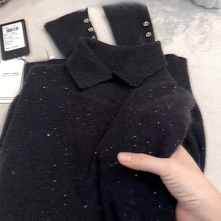 外贸撤回别致翻领黑色亮片羊绒衫毛衣女秋冬款软糯洋气针织衫内搭