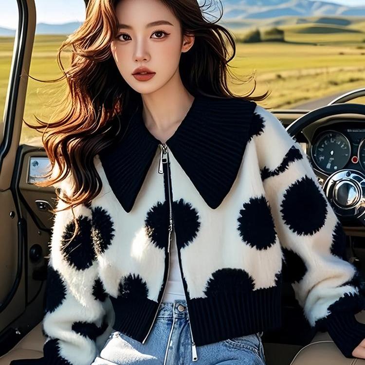 专柜撤回超好看别致绝美黑白撞色针织外套宽松百搭显瘦上衣女秋季