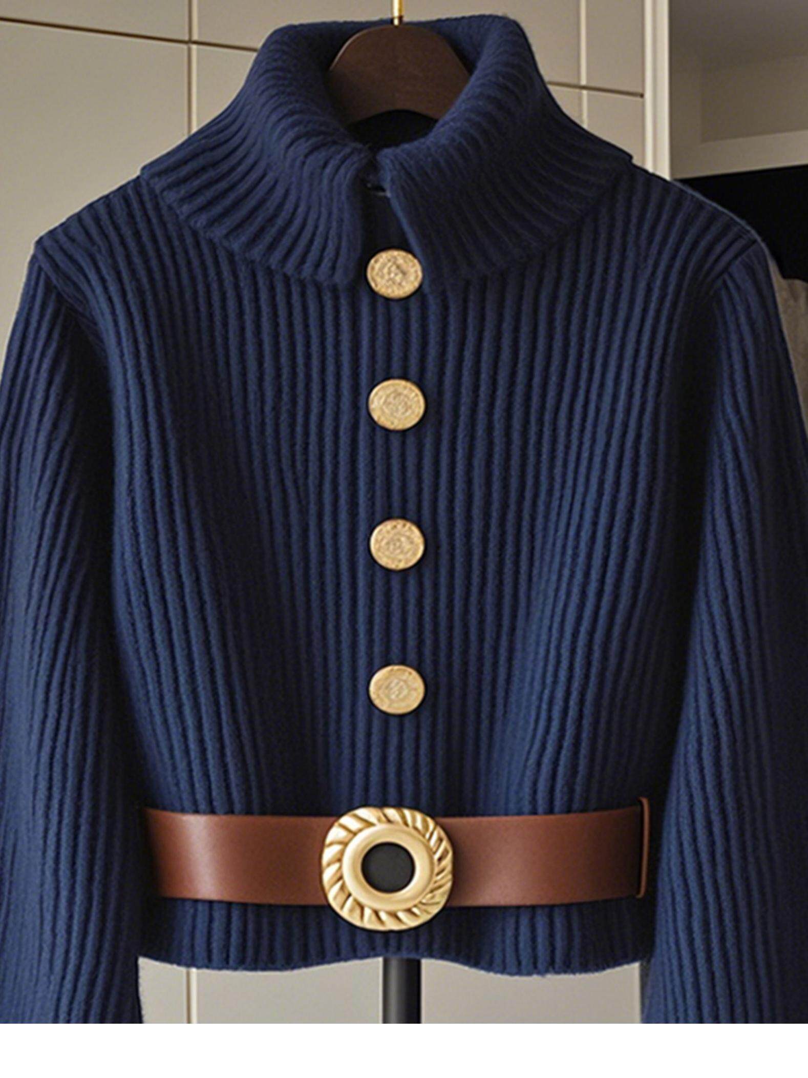 카운터는 새로운 스타일의 게으른 스타일 독특하고 시크하고 아름다운 상의 고급스럽고 멋진 남색 니트 스웨터를 철수했다