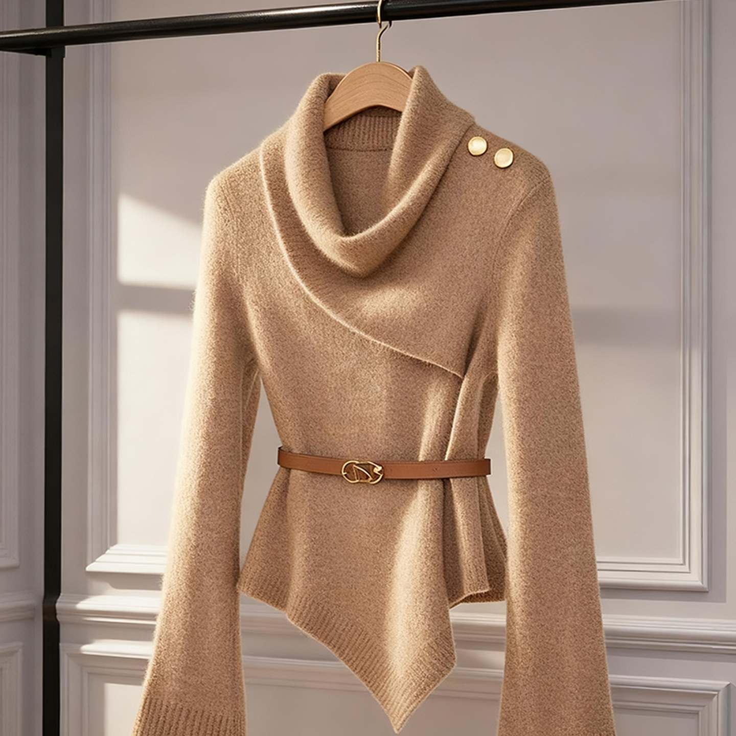 外贸撤回毛衣女款独特别致巨好看收腰气质不规则荡领驼色针织上衣