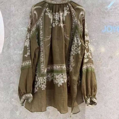 出游季~绿色扎染印花棉麻上衣夏高端亚麻宽松小衫苎麻防晒衣女款