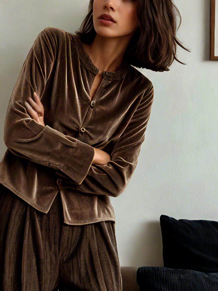 카운터는 짙은 갈색 라운드 넥 나무 단추 벨벳 셔츠 가디건 새로운 중국 스타일 국가 스타일 고급 탑 가을을 철회했습니다