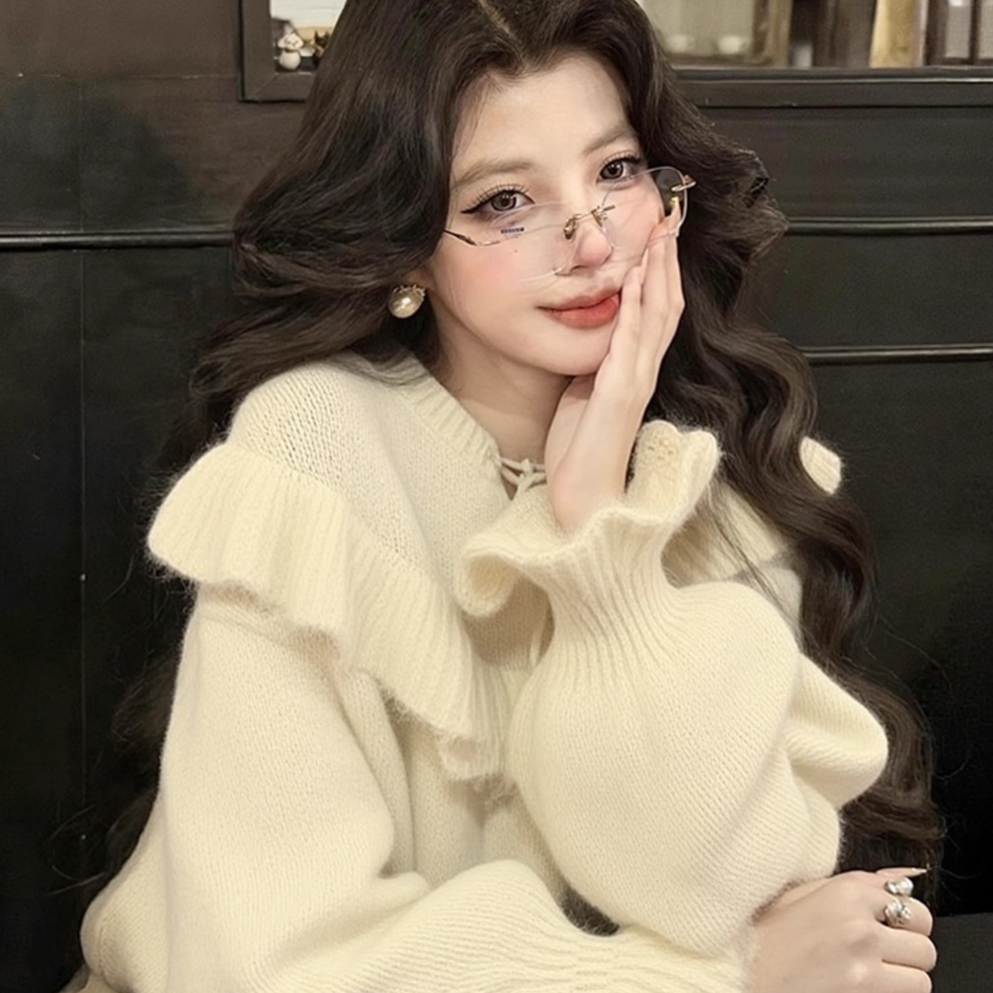 外贸撤回杏色荷叶边系带毛衣韩系慵懒风秋冬女装奶呼呼软糯针织衫