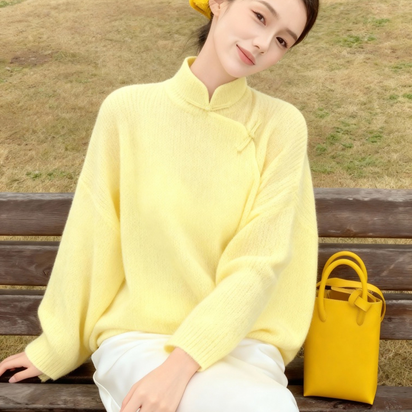 外贸撤回新中式国风黄色针织上衣女秋冬可外穿内搭巨好看毛衣女款
