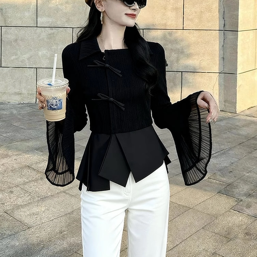 外贸撤回小资设计感黑色喇叭袖衬衫女2025年早秋新款巨好看的小衫