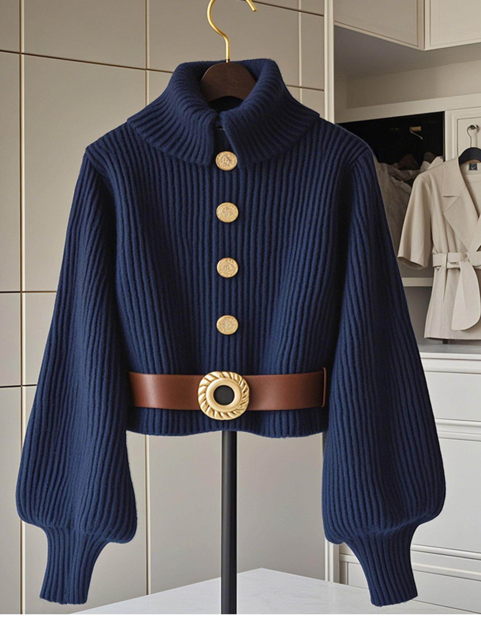 카운터는 새로운 스타일의 게으른 스타일 독특하고 시크하고 아름다운 상의 고급스럽고 멋진 남색 니트 스웨터를 철수했다