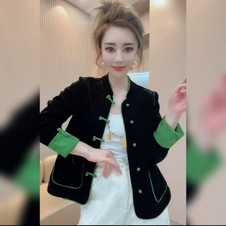 新中式国风盘扣拼色洋气百搭女士丝绒提花短外套女唐装上衣潮品