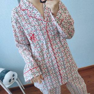 ANYW春季可爱企鹅梭织棉布宽松翻领长袖长裤女睡衣VS家居服出口