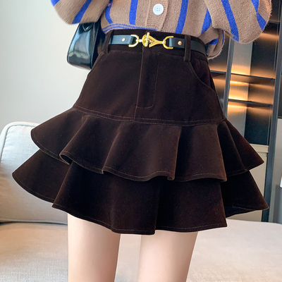 复古荷叶边金丝绒蓬蓬金扣蛋糕裙