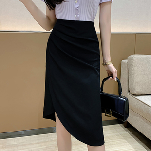 黑色高腰褶皱A字半身裙女2026春夏新款中长裙显瘦港风时髦小姨风