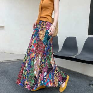 波西米亚风碎花百褶半身裙女2026春夏新款 高腰大裙摆度假压褶长裙