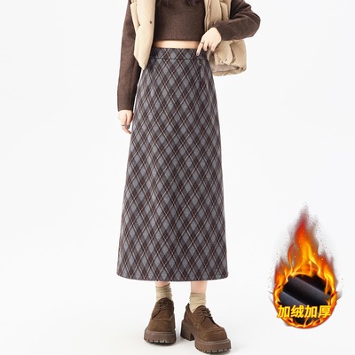 加绒加厚毛呢格子半身裙