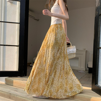 春夏轻薄雪纺褶皱A字印花半身裙