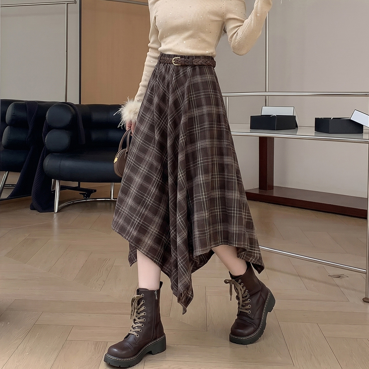 复古格纹不规则半身裙女2026秋冬装美拉德咖色高腰a字中长裙子