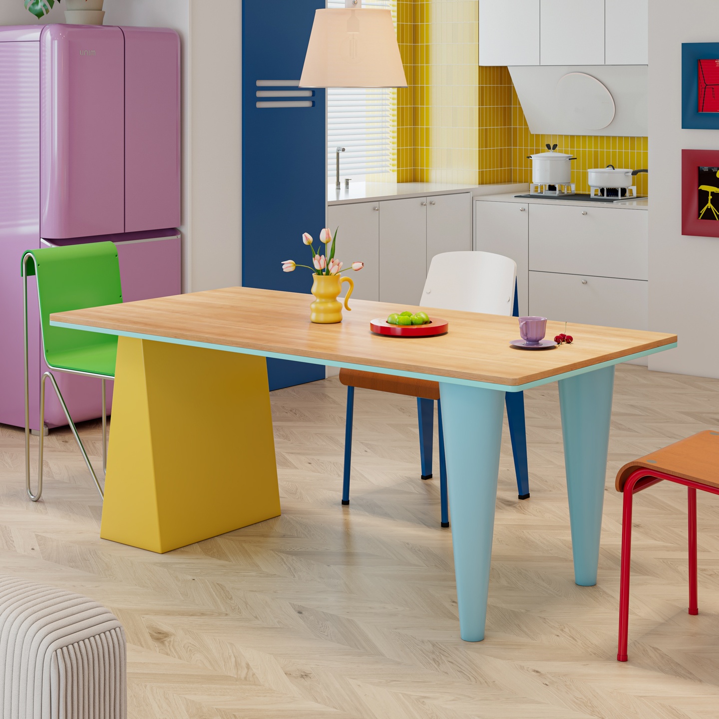 多巴胺彩色长方形餐桌家用小户型电脑桌孟菲斯工作台实木办公书桌