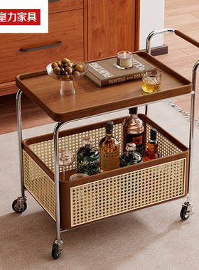 实木可移动边几收纳中古小推车客厅沙发储物置物架藤编简约餐车