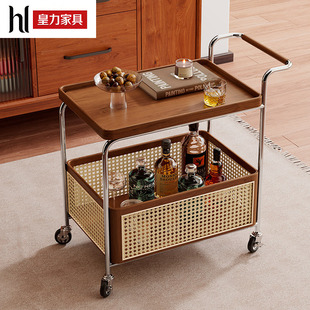 实木可移动边几收纳中古小推车客厅沙发储物置物架藤编简约餐车
