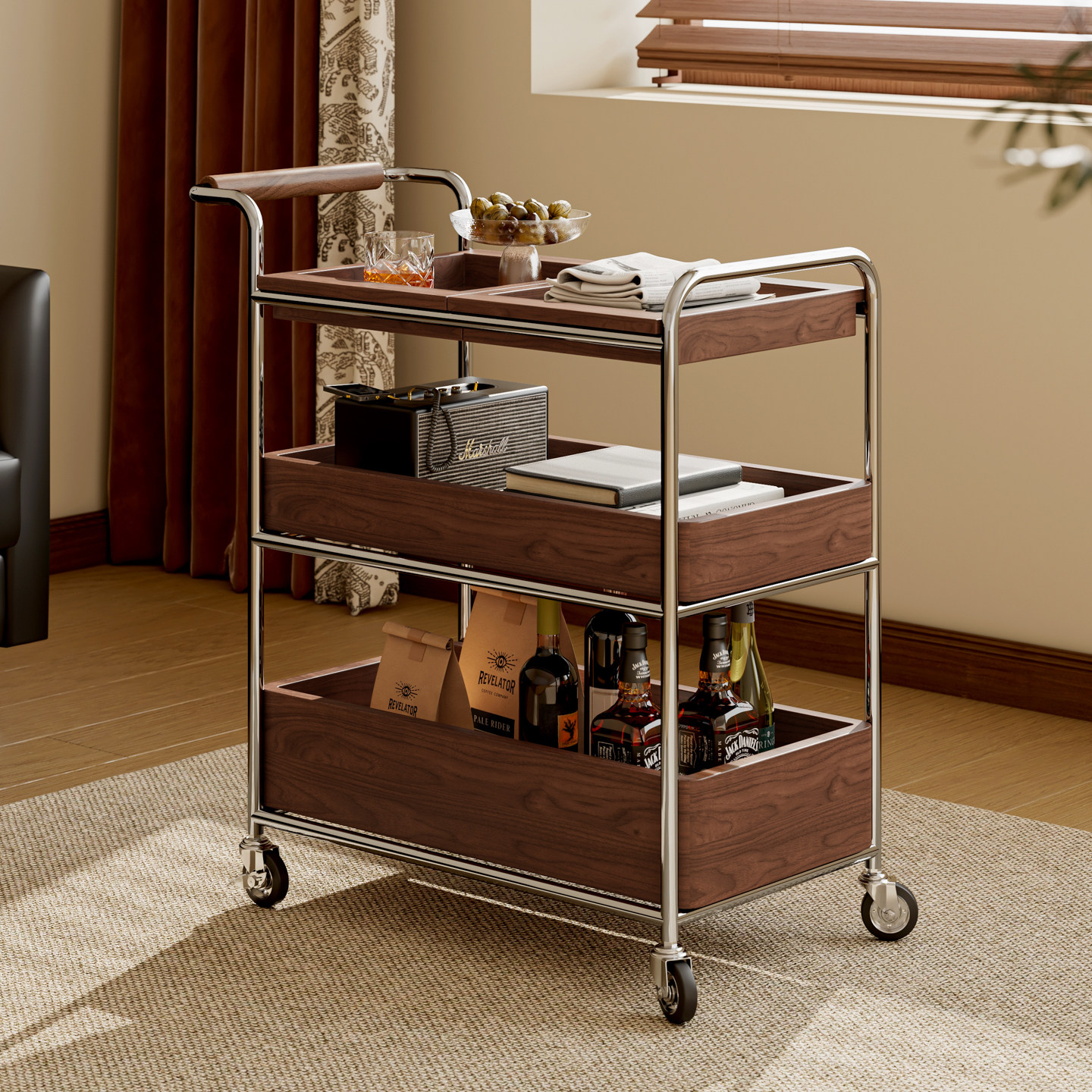 中古风实木小推车家用可移动边几客厅沙发边柜收纳置物架零食架子