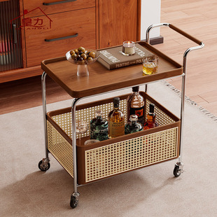 实木可移动边几收纳中古小推车客厅沙发储物置物架藤编简约餐车