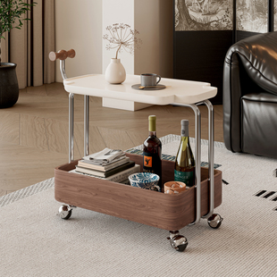 实木边几可移动收纳小推车中古客厅沙发储物置物架胡桃木色餐车