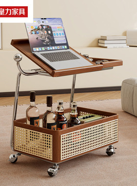 实木边几可移动收纳中古小推车客厅沙发储物置物架藤编简约餐车