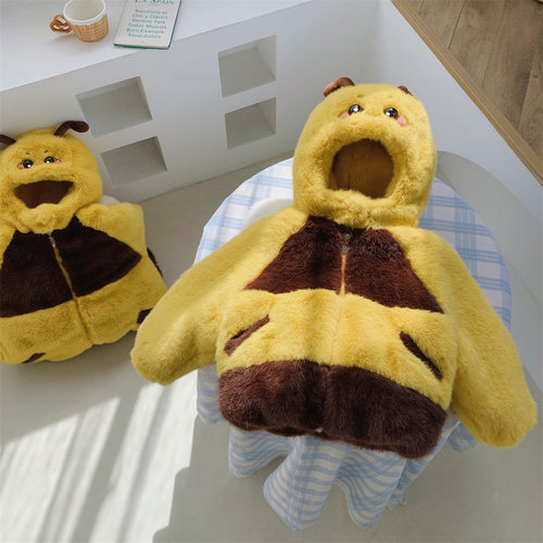 恩佐熊 蜜宝 儿童高定款亲子连帽加绒加厚蜜蜂毛毛衣外套 EZD2438