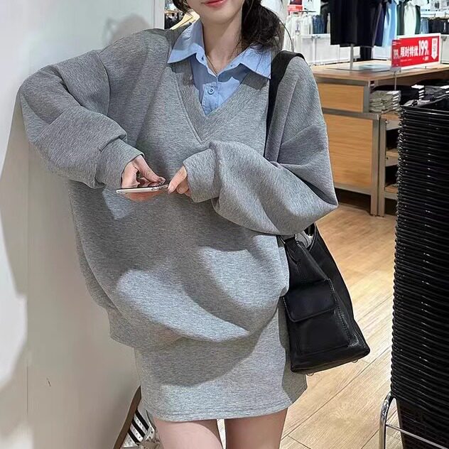 春秋新款小个子气质宽松休闲法式设计感小众假两件拼接卫衣外套女