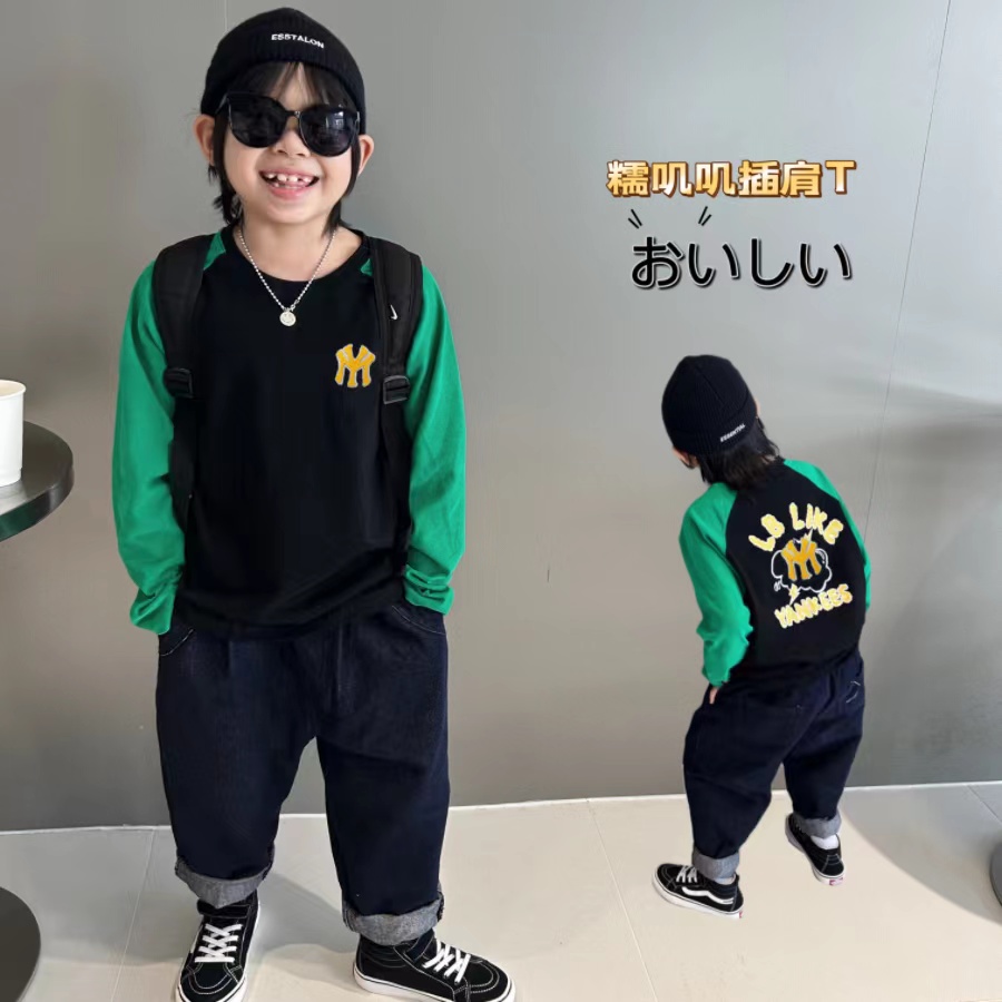 新款童装插肩袖印花长袖T恤